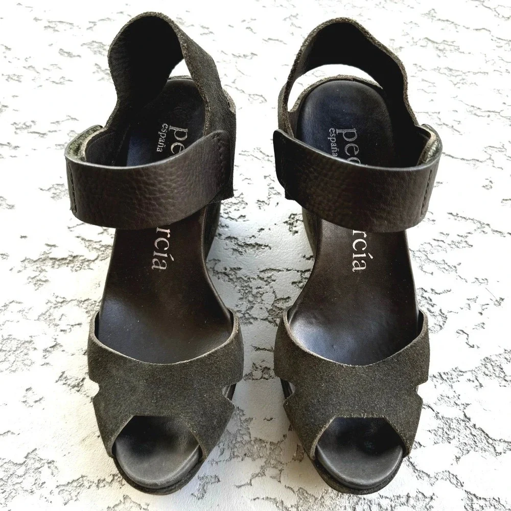 Pedro Garcia Wedge‎ Sandals Espadrille Peep Toe Adjustable Ankle Strap Green